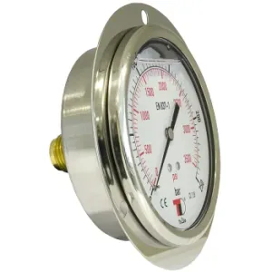 Manometru cu glicerina, axial cu flansa, 100 mm, Gaz 1/2 tol, presiune aer, apa, ulei