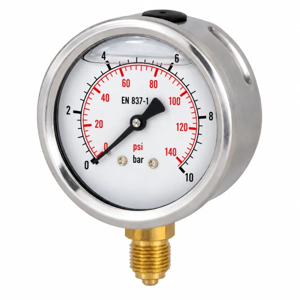 Manometru cu glicerina, radial, 10 bar, 100 mm, Gaz 1/2 tol, presiune aer, apa, ulei