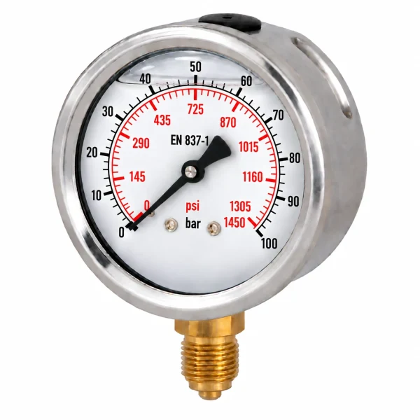 Manometru cu glicerina, radial, 100 bar, 100 mm, Gaz 1/2 tol, presiune aer, apa, ulei