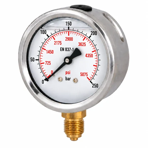 Manometru cu glicerina, radial, 250 bar, 100 mm, Gaz 1/2 tol, presiune aer, apa, ulei