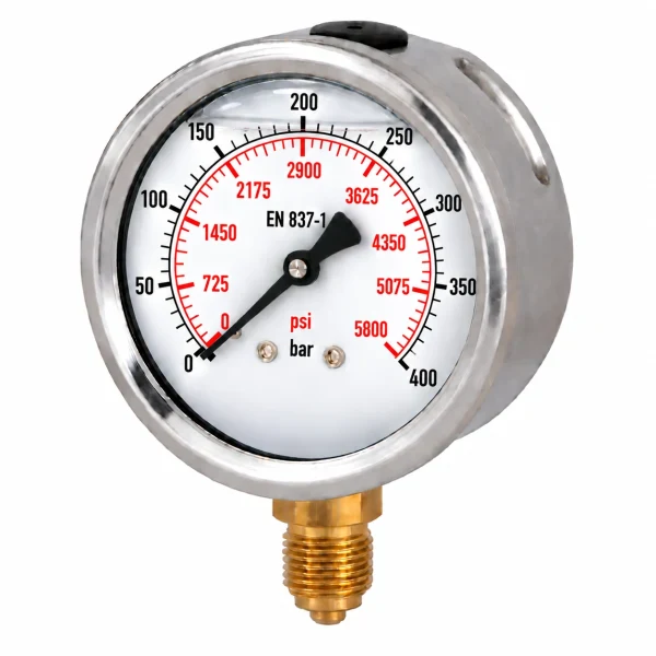 Manometru cu glicerina, radial, 400 bar, 100 mm, Gaz 1/2 tol, presiune aer, apa, ulei