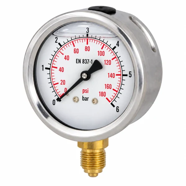 Manometru cu glicerina, radial, 6 bar, 100 mm, Gaz 1/2 tol, presiune aer, apa, ulei