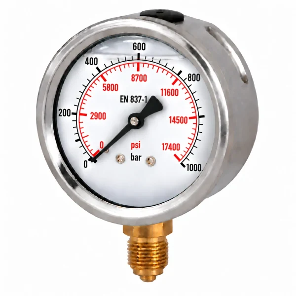 Manometru cu glicerina, radial, 1000 bar, 63 mm, Gaz 1/4 tol, presiune aer, apa, ulei