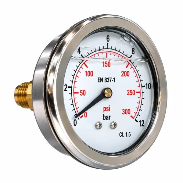 Manometru cu glicerina, axial cu flansa, 12 bar, 63 mm, Gaz 1/4 tol, presiune aer, apa, ulei