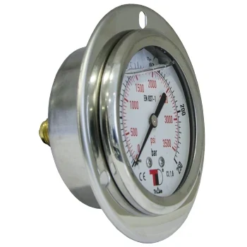Manometru cu glicerina, axial cu flansa, 1 bar, 63 mm, Gaz 1/4 tol, presiune aer, apa, ulei