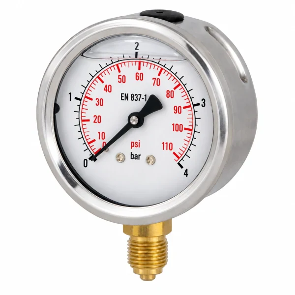 Manometru cu glicerina, radial, 4 bar, 63 mm, Gaz 1/4 tol, presiune aer, apa, ulei