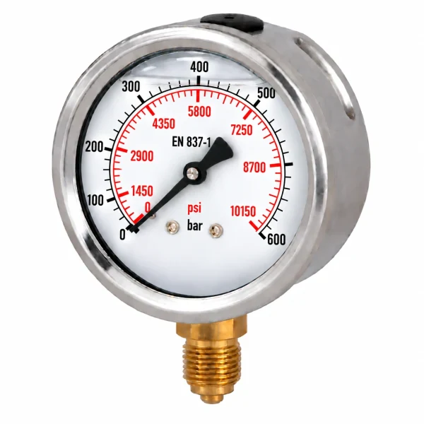 Manometru cu glicerina, radial, 600 bar, 63 mm, Gaz 1/4 tol, presiune aer, apa, ulei