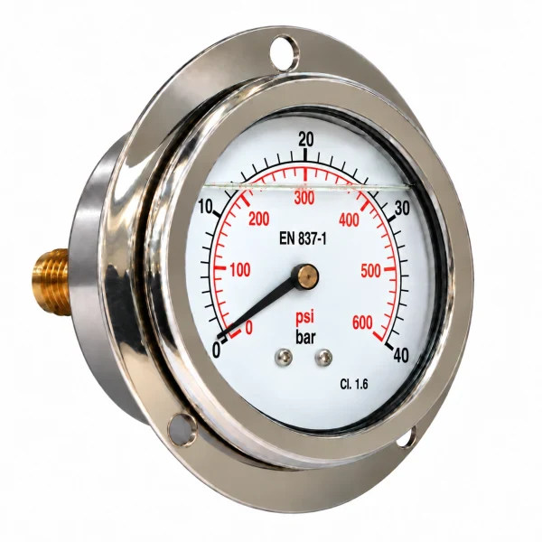 Manometru cu glicerina, axial cu flansa, 40 bar, 100 mm, Gaz 1/2 tol, presiune aer, apa, ulei